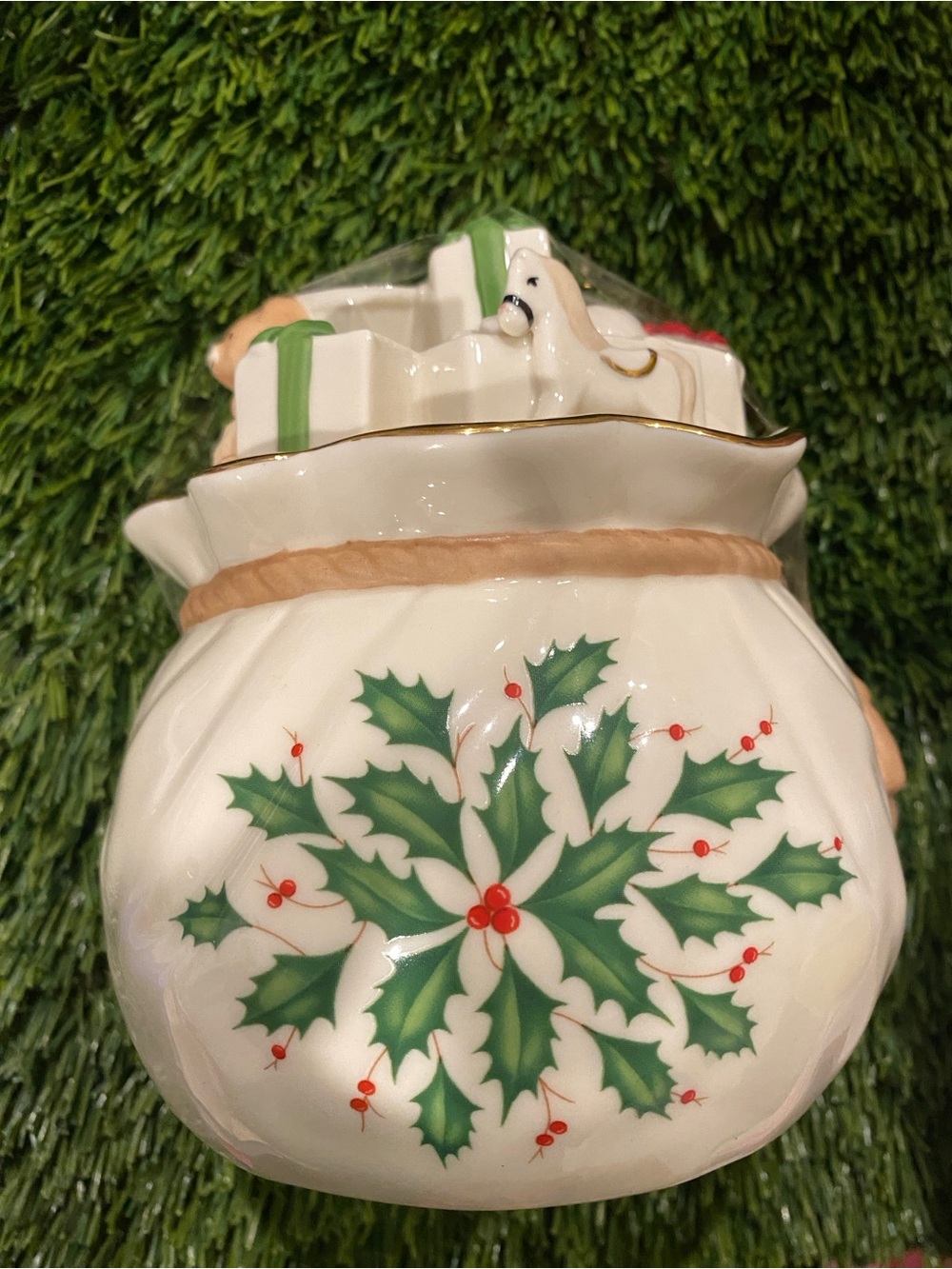 Lenox Holiday Covered Candy Dish / Jar Santa's Sack of Presents - Excellent